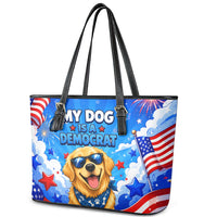 My Dog Is A Democrat Golden Retriever Leather Tote Bag Patriotic American Fireworks Cute Cartoon Dog