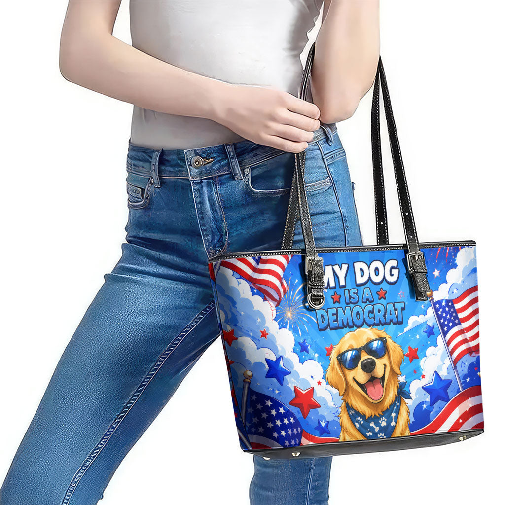 My Dog Is A Democrat Golden Retriever Leather Tote Bag Patriotic American Fireworks Cute Cartoon Dog