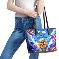 My Dog Is A Democrat Golden Retriever Leather Tote Bag Patriotic American Fireworks Cute Cartoon Dog