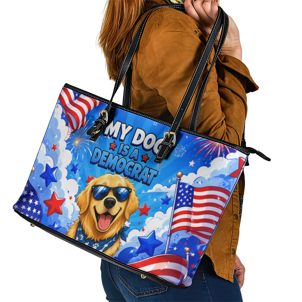 My Dog Is A Democrat Golden Retriever Leather Tote Bag Patriotic American Fireworks Cute Cartoon Dog