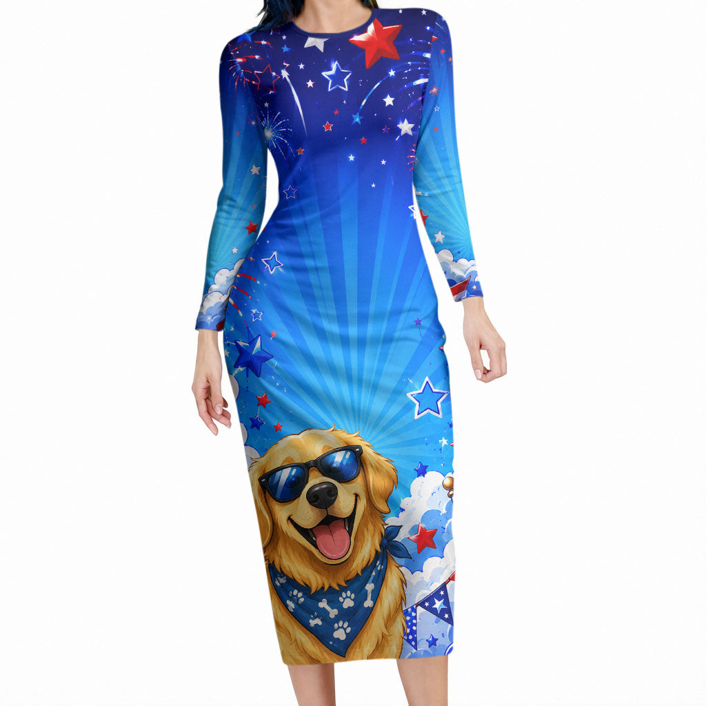 My Dog Is A Democrat Golden Retriever Long Sleeve Bodycon Dress Patriotic American Fireworks Cute Cartoon Dog
