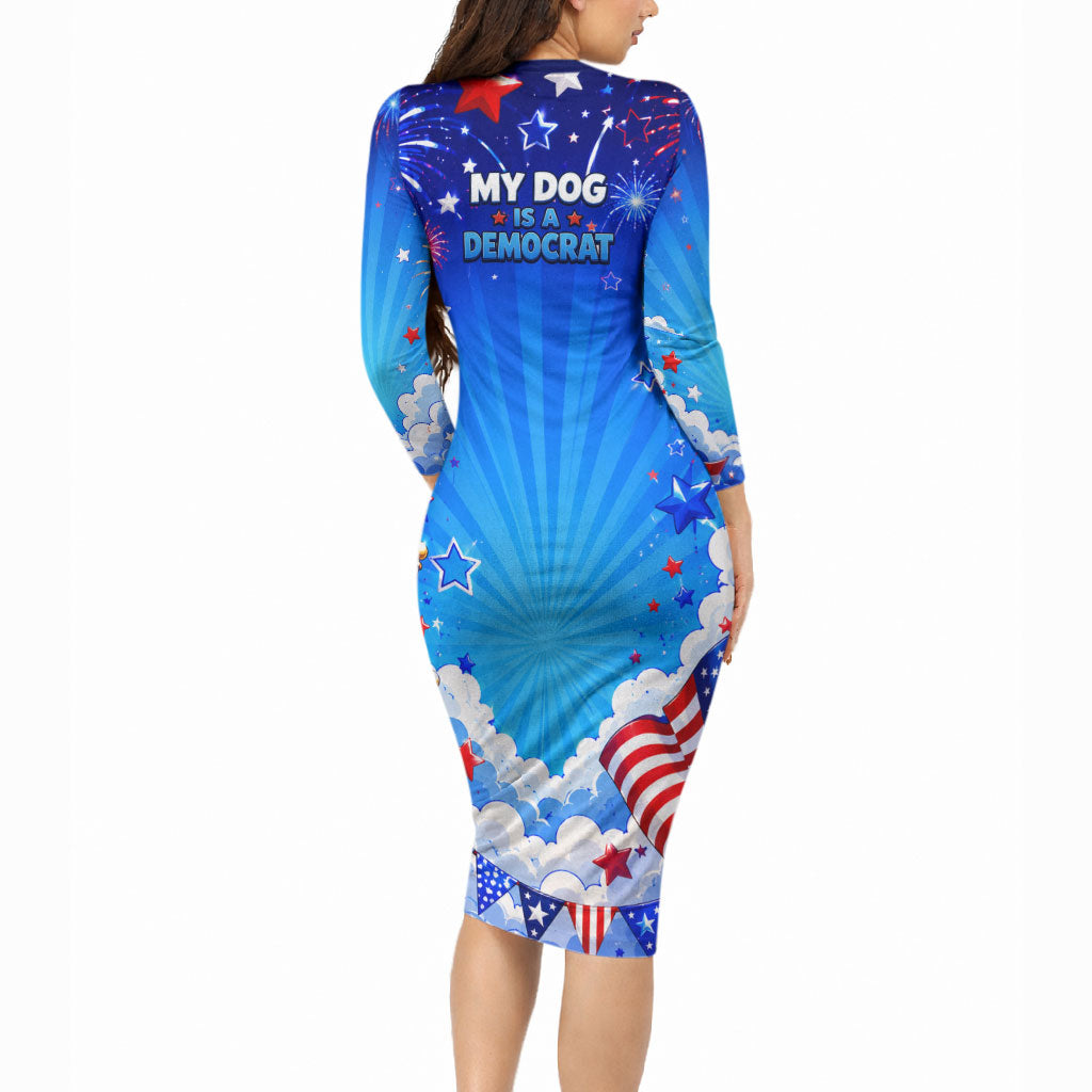 My Dog Is A Democrat Golden Retriever Long Sleeve Bodycon Dress Patriotic American Fireworks Cute Cartoon Dog