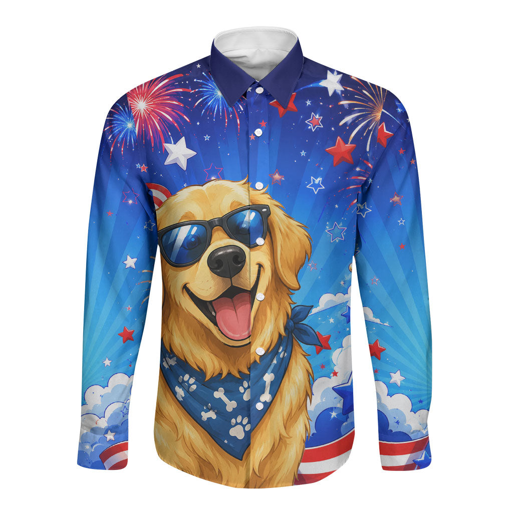 My Dog Is A Democrat Golden Retriever Long Sleeve Button Shirt Patriotic American Fireworks Cute Cartoon Dog