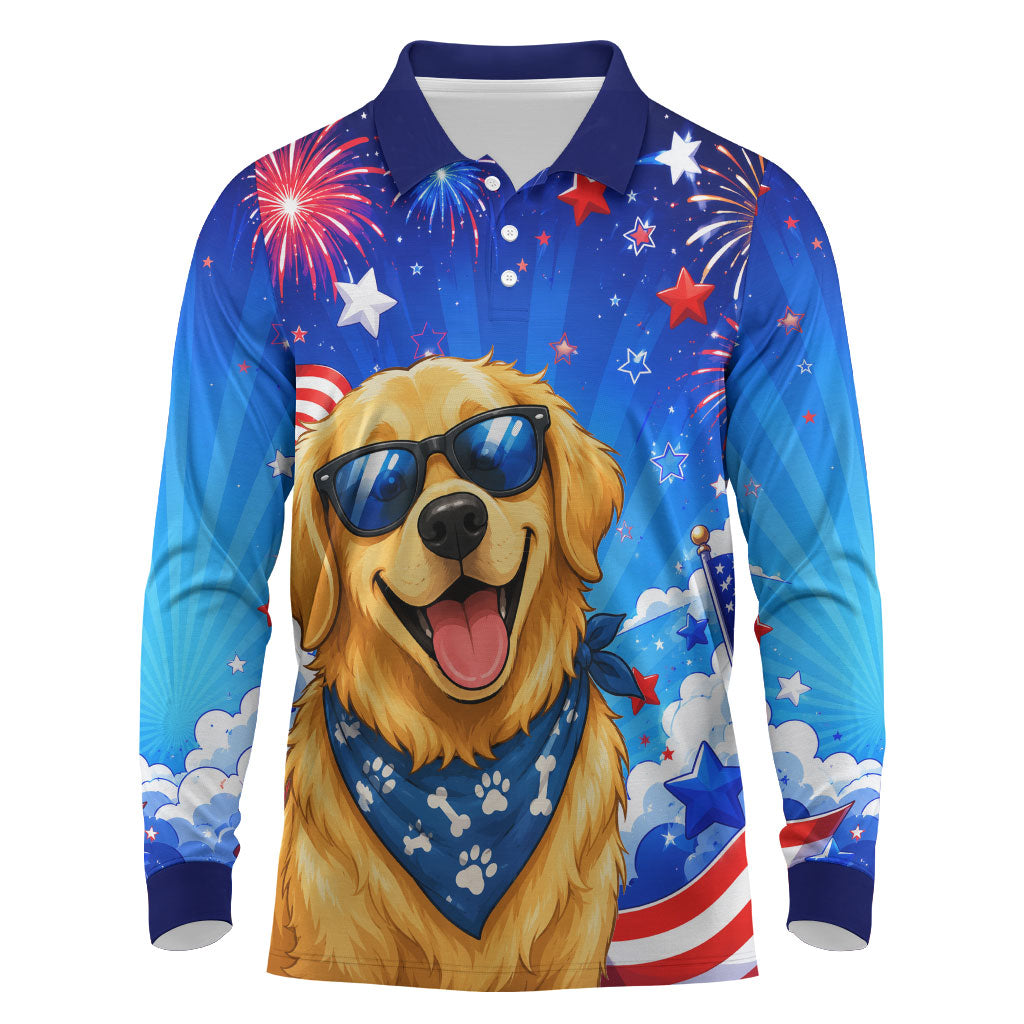 My Dog Is A Democrat Golden Retriever Long Sleeve Polo Shirt Patriotic American Fireworks Cute Cartoon Dog