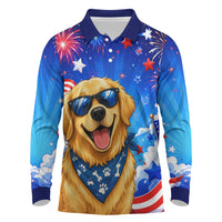 My Dog Is A Democrat Golden Retriever Long Sleeve Polo Shirt Patriotic American Fireworks Cute Cartoon Dog