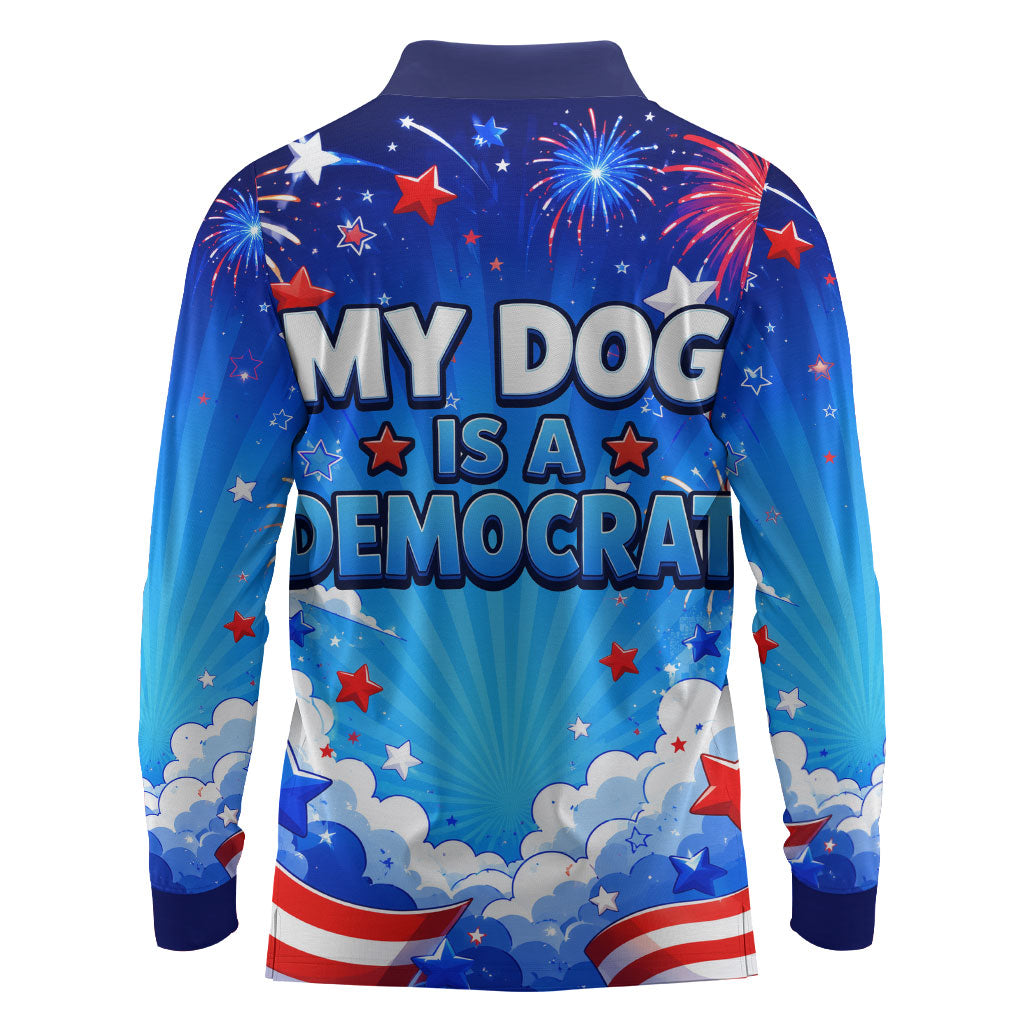 My Dog Is A Democrat Golden Retriever Long Sleeve Polo Shirt Patriotic American Fireworks Cute Cartoon Dog