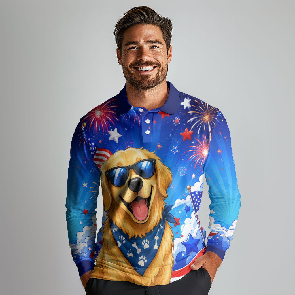 My Dog Is A Democrat Golden Retriever Long Sleeve Polo Shirt Patriotic American Fireworks Cute Cartoon Dog