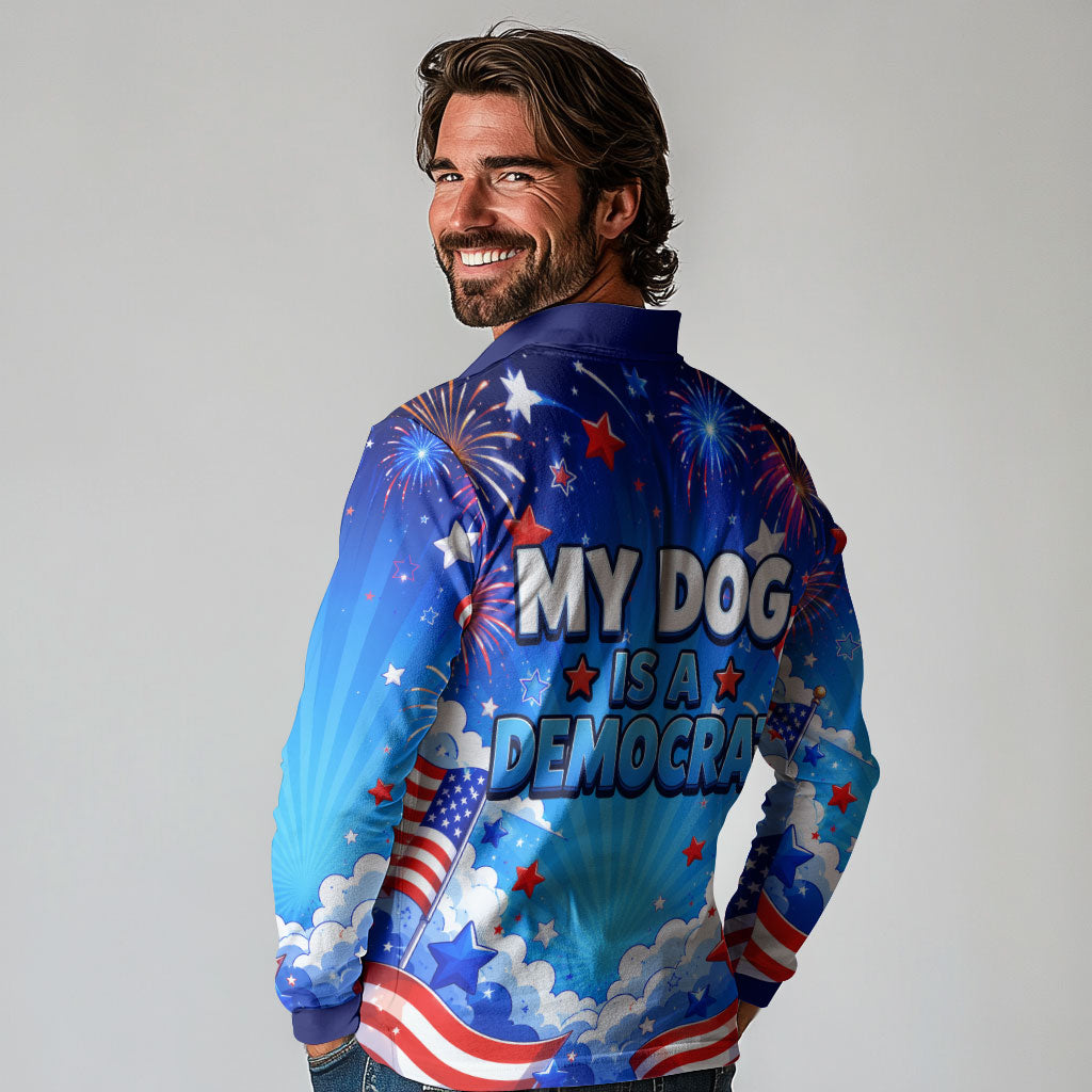 My Dog Is A Democrat Golden Retriever Long Sleeve Polo Shirt Patriotic American Fireworks Cute Cartoon Dog