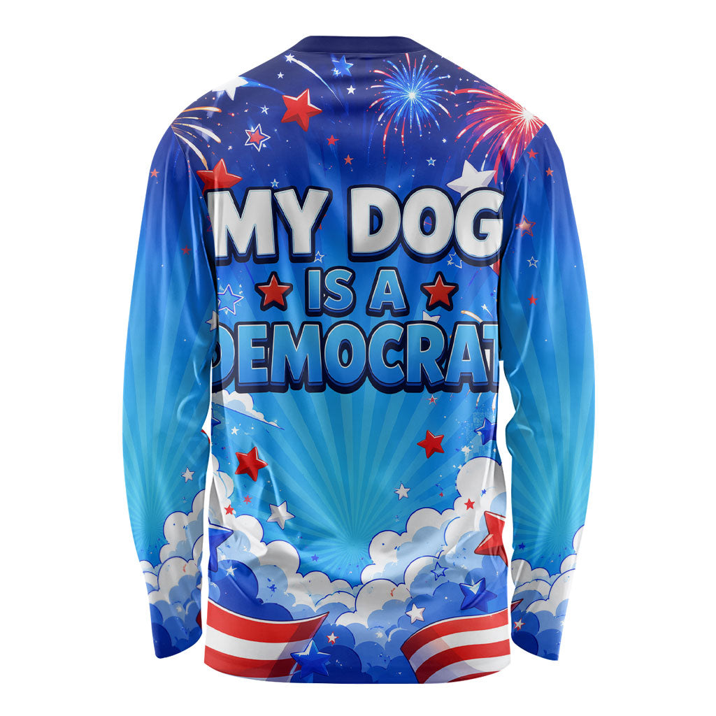 My Dog Is A Democrat Golden Retriever Long Sleeve Shirt Patriotic American Fireworks Cute Cartoon Dog