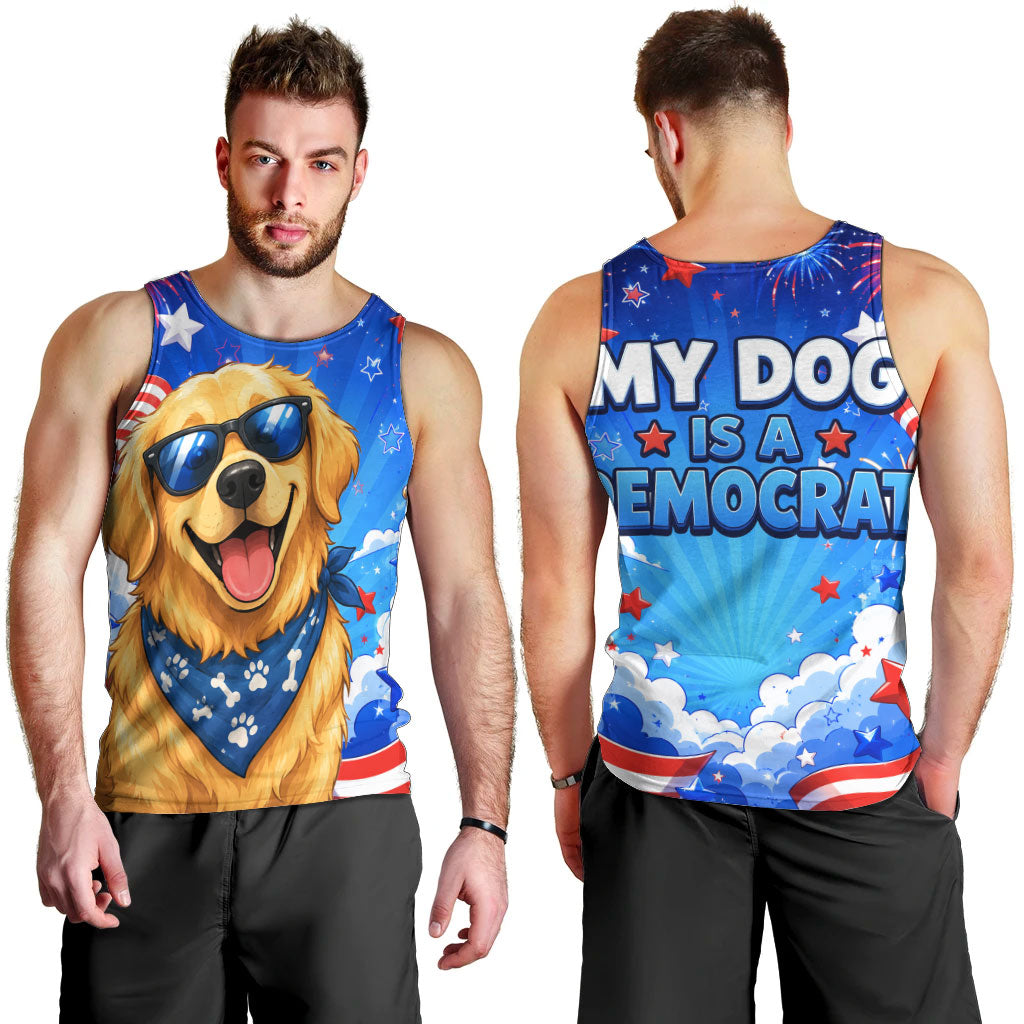 My Dog Is A Democrat Golden Retriever Men Tank Top Patriotic American Fireworks Cute Cartoon Dog