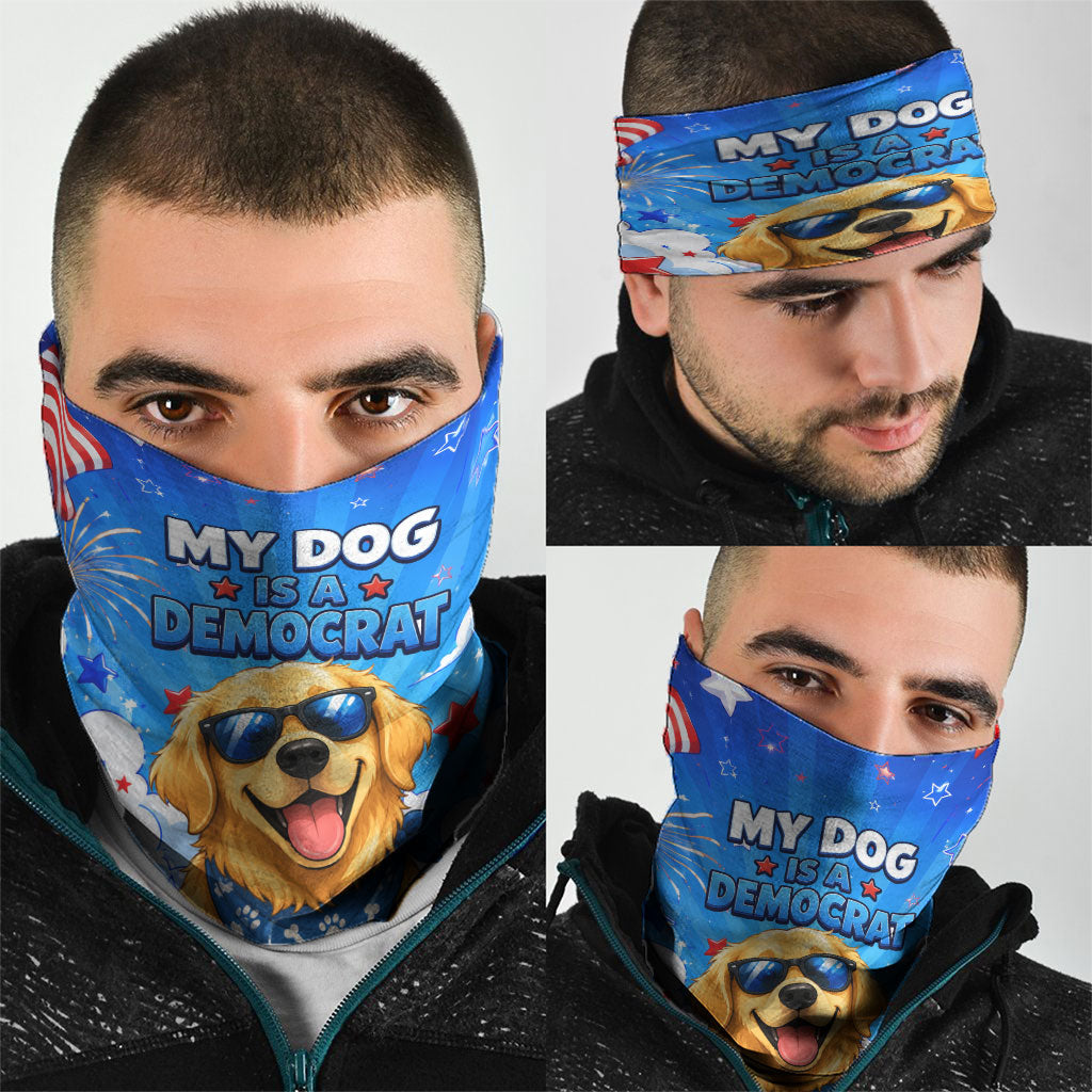 My Dog Is A Democrat Golden Retriever Neck Gaiter Patriotic American Fireworks Cute Cartoon Dog