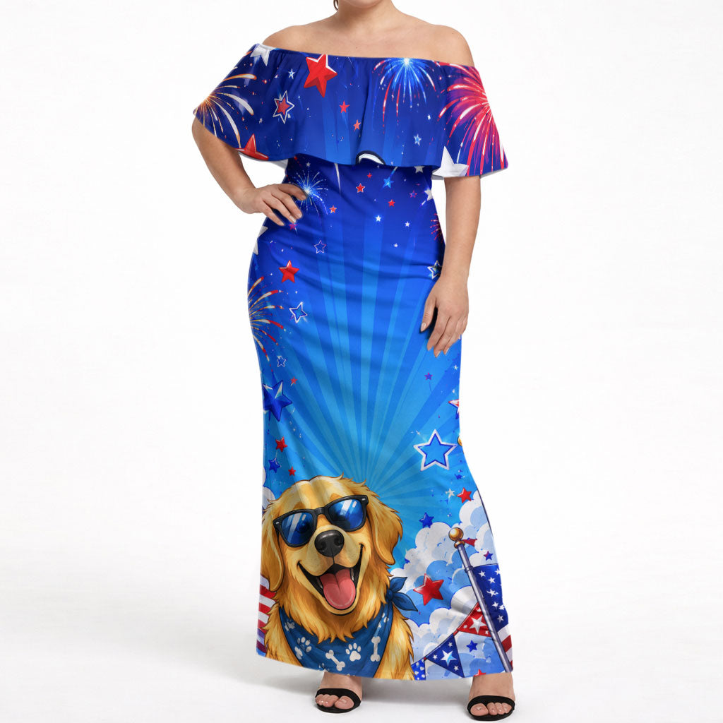 My Dog Is A Democrat Golden Retriever Off Shoulder Maxi Dress Patriotic American Fireworks Cute Cartoon Dog