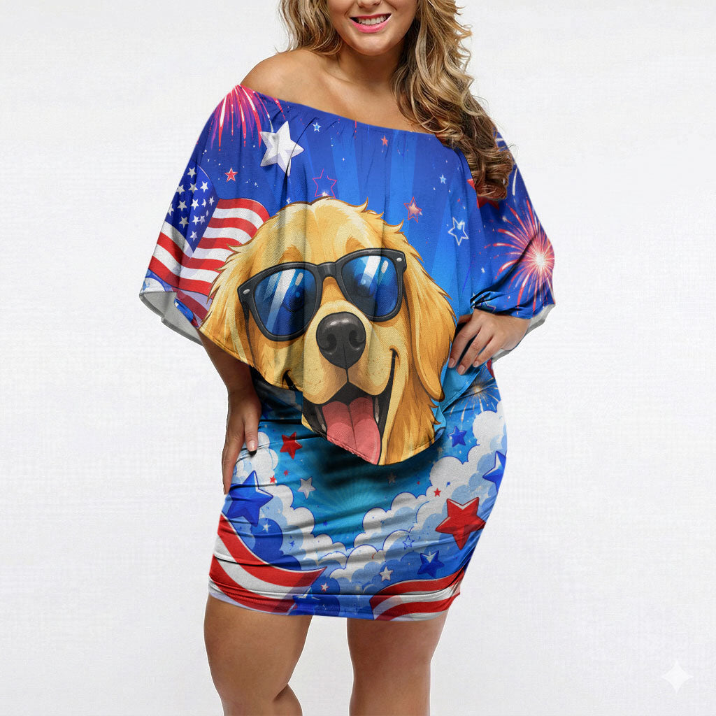 My Dog Is A Democrat Golden Retriever Off Shoulder Short Dress Patriotic American Fireworks Cute Cartoon Dog