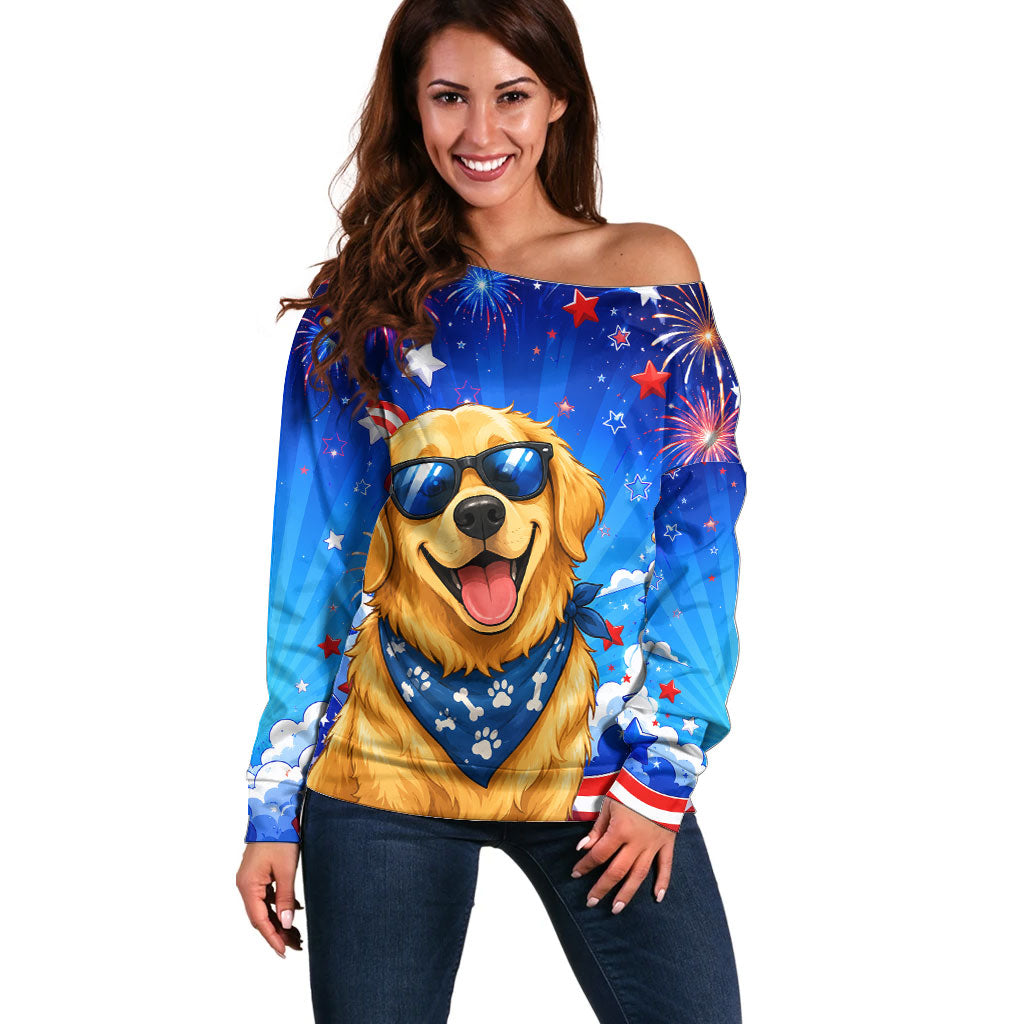 My Dog Is A Democrat Golden Retriever Off Shoulder Sweater Patriotic American Fireworks Cute Cartoon Dog