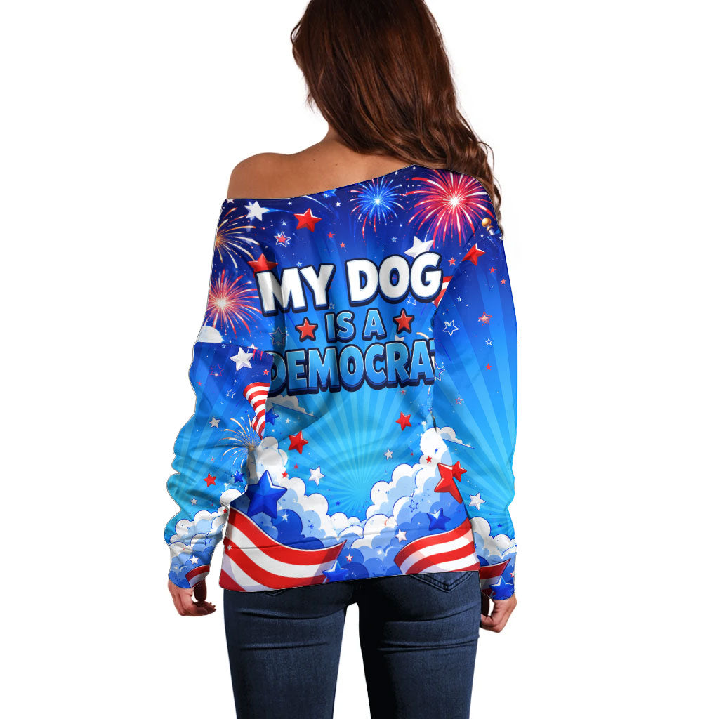 My Dog Is A Democrat Golden Retriever Off Shoulder Sweater Patriotic American Fireworks Cute Cartoon Dog
