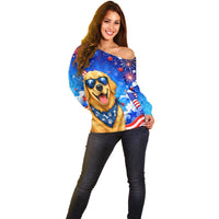 My Dog Is A Democrat Golden Retriever Off Shoulder Sweater Patriotic American Fireworks Cute Cartoon Dog