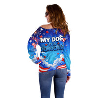 My Dog Is A Democrat Golden Retriever Off Shoulder Sweater Patriotic American Fireworks Cute Cartoon Dog