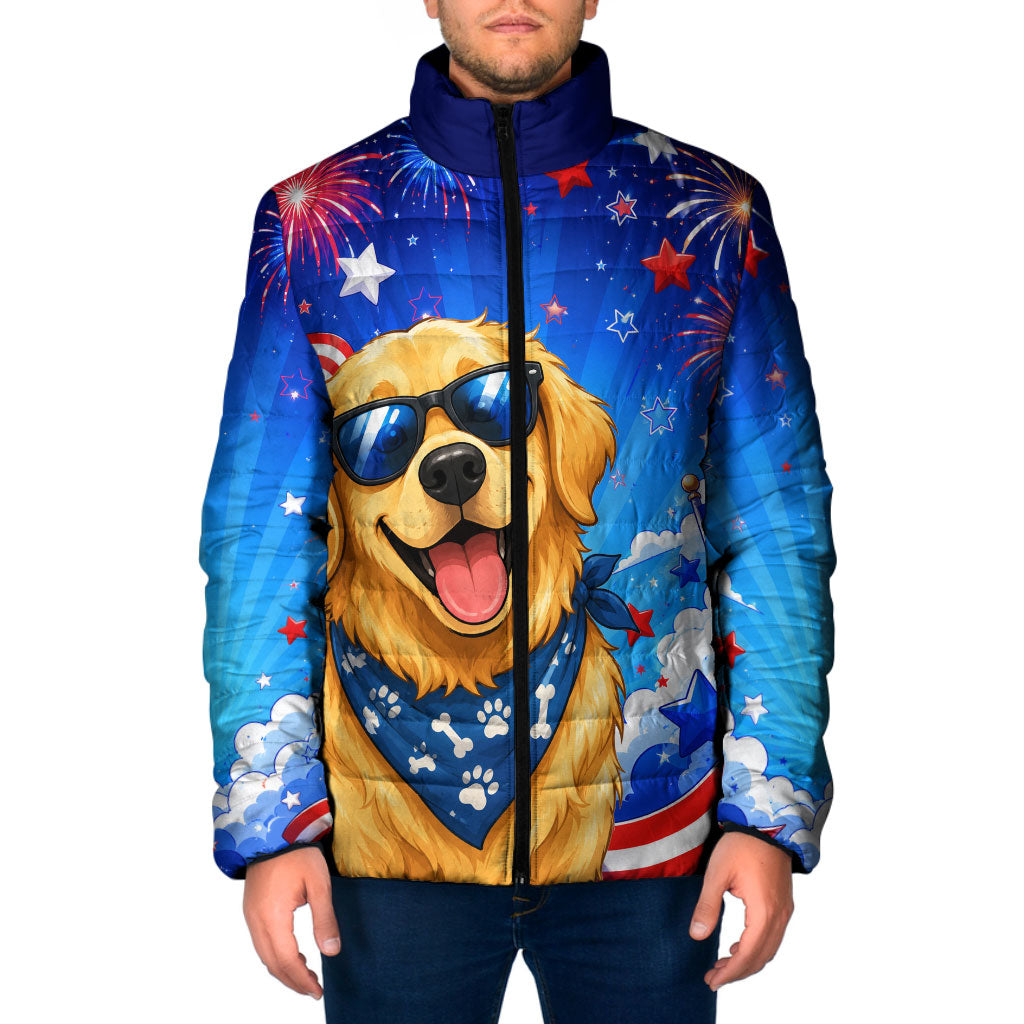 My Dog Is A Democrat Golden Retriever Padded Jacket Patriotic American Fireworks Cute Cartoon Dog
