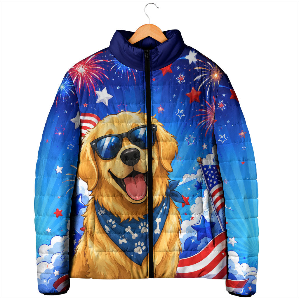 My Dog Is A Democrat Golden Retriever Padded Jacket Patriotic American Fireworks Cute Cartoon Dog