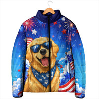 My Dog Is A Democrat Golden Retriever Padded Jacket Patriotic American Fireworks Cute Cartoon Dog