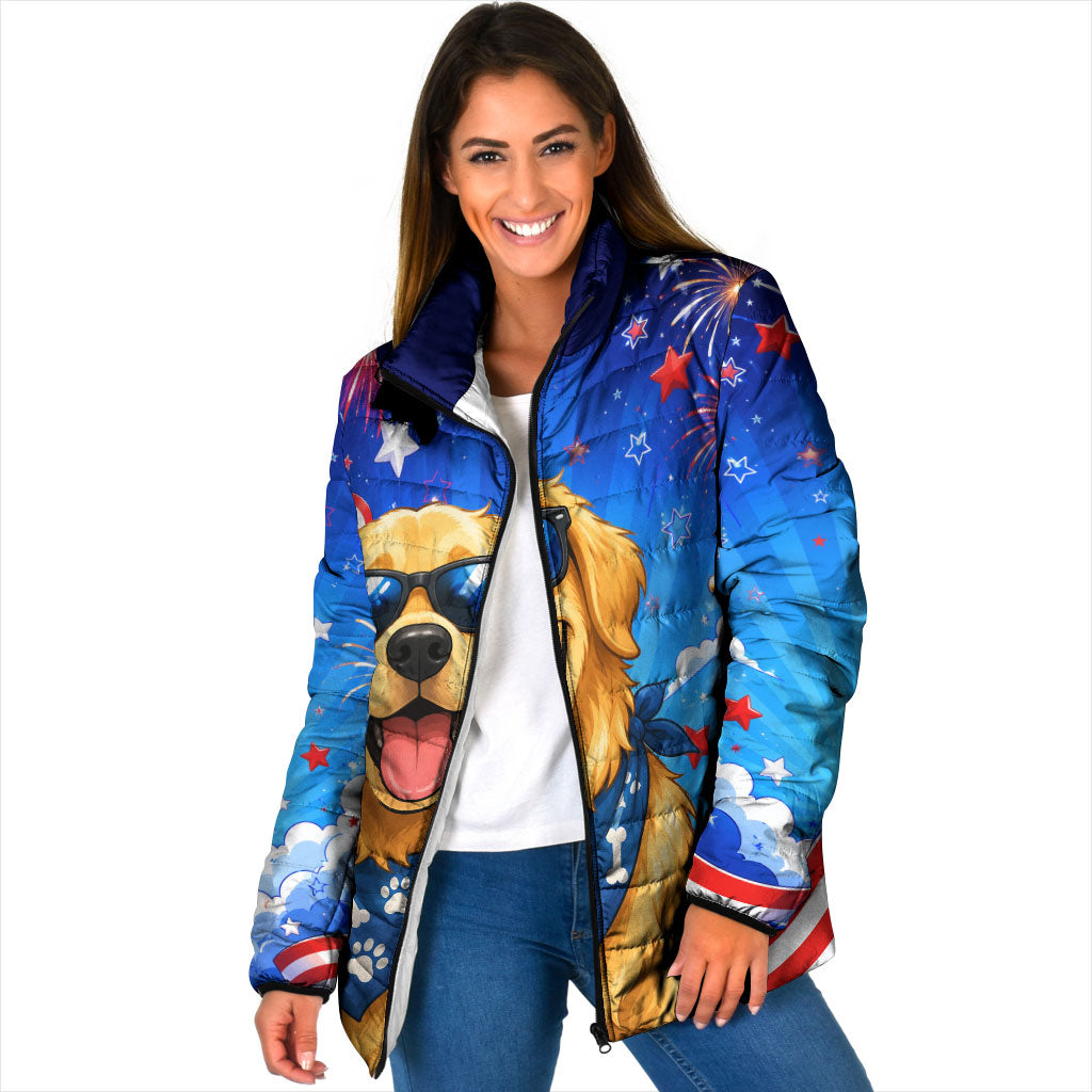 My Dog Is A Democrat Golden Retriever Padded Jacket Patriotic American Fireworks Cute Cartoon Dog