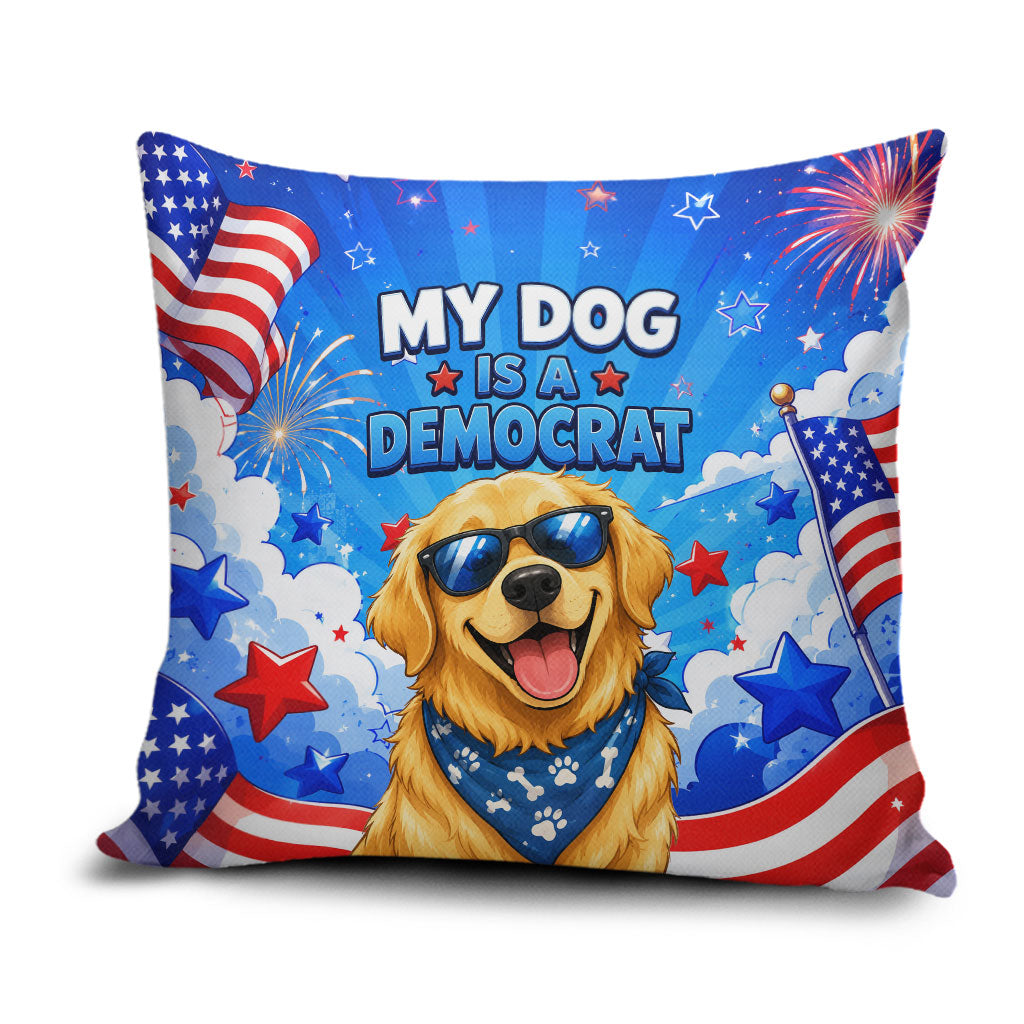 My Dog Is A Democrat Golden Retriever Pillow Cover Patriotic American Fireworks Cute Cartoon Dog