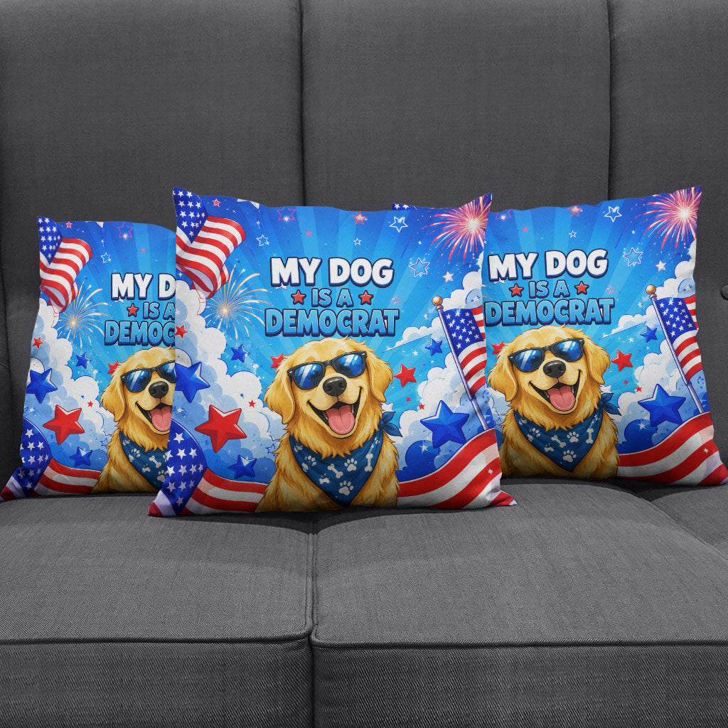 My Dog Is A Democrat Golden Retriever Pillow Cover Patriotic American Fireworks Cute Cartoon Dog