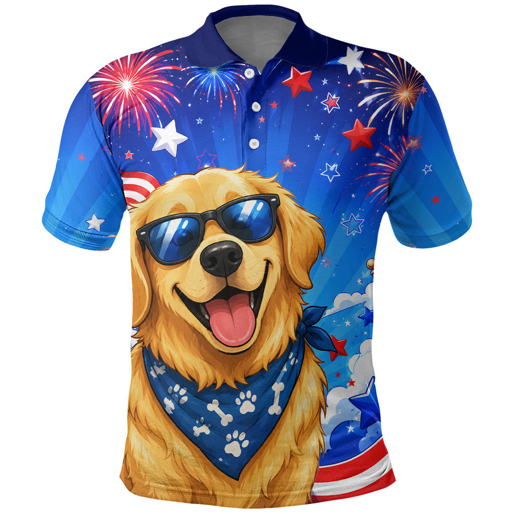 My Dog Is A Democrat Golden Retriever Polo Shirt Patriotic American Fireworks Cute Cartoon Dog