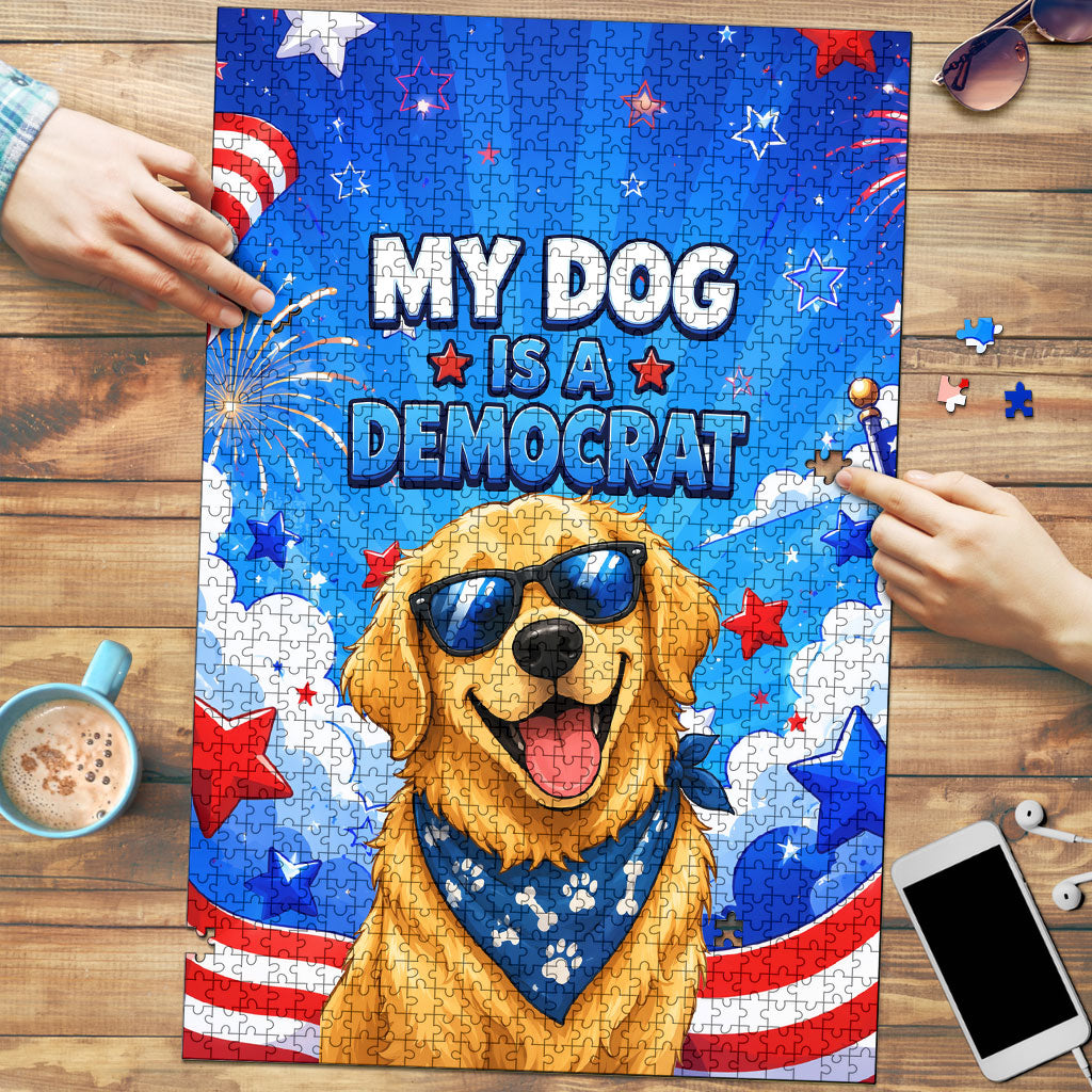 My Dog Is A Democrat Golden Retriever Puzzle Patriotic American Fireworks Cute Cartoon Dog