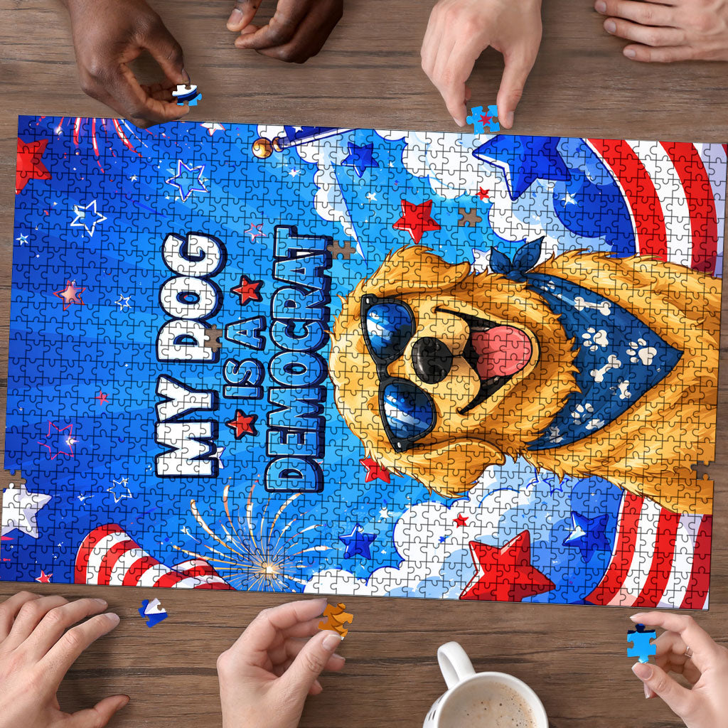 My Dog Is A Democrat Golden Retriever Puzzle Patriotic American Fireworks Cute Cartoon Dog