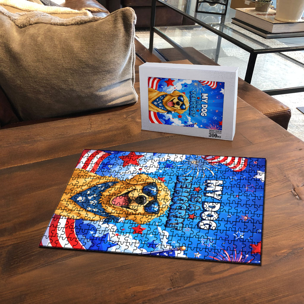 My Dog Is A Democrat Golden Retriever Puzzle Patriotic American Fireworks Cute Cartoon Dog