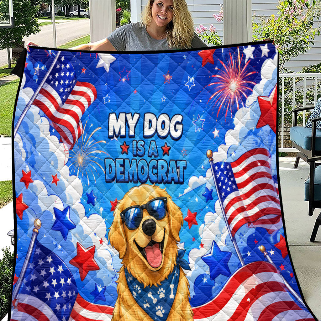 My Dog Is A Democrat Golden Retriever Quilt Patriotic American Fireworks Cute Cartoon Dog
