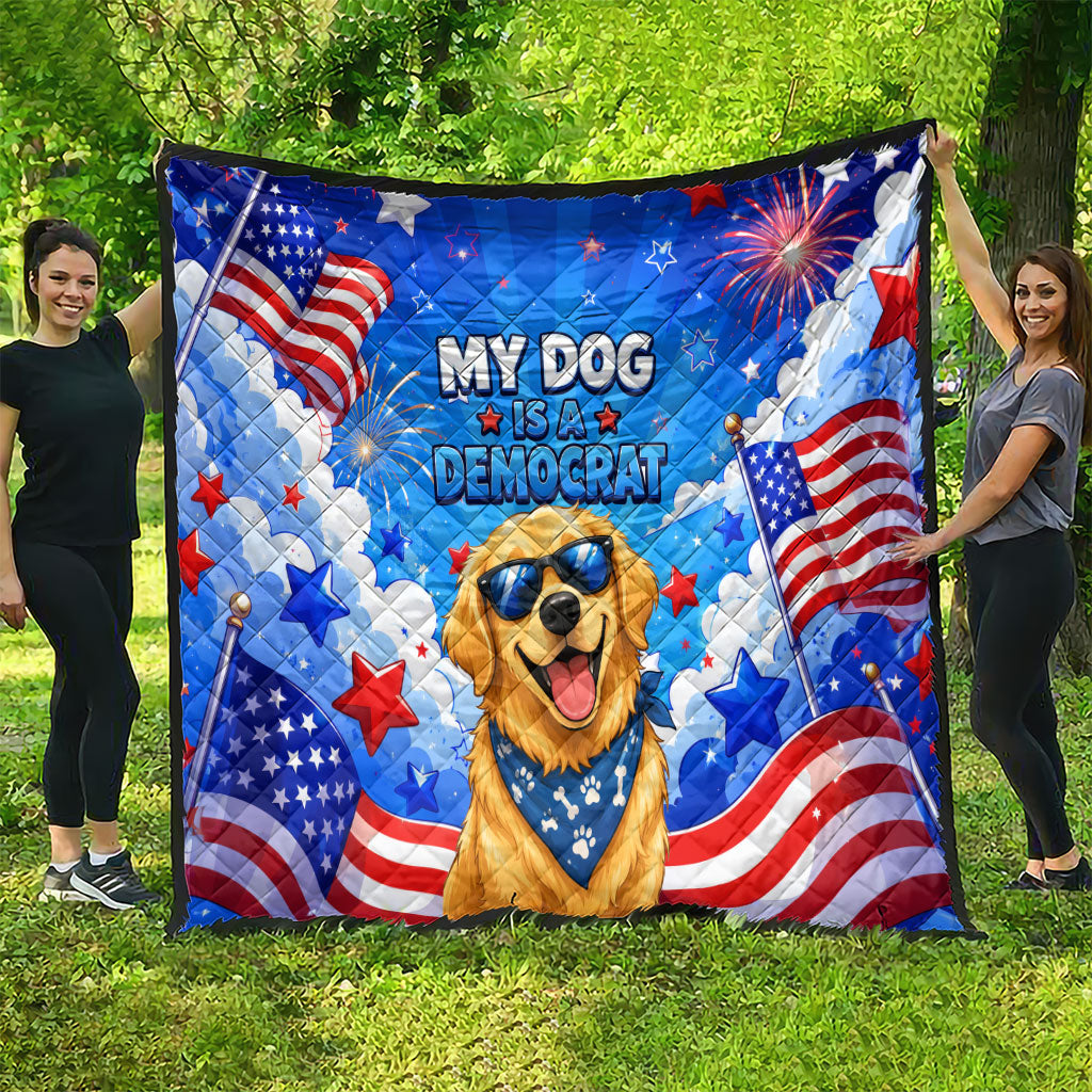 My Dog Is A Democrat Golden Retriever Quilt Patriotic American Fireworks Cute Cartoon Dog