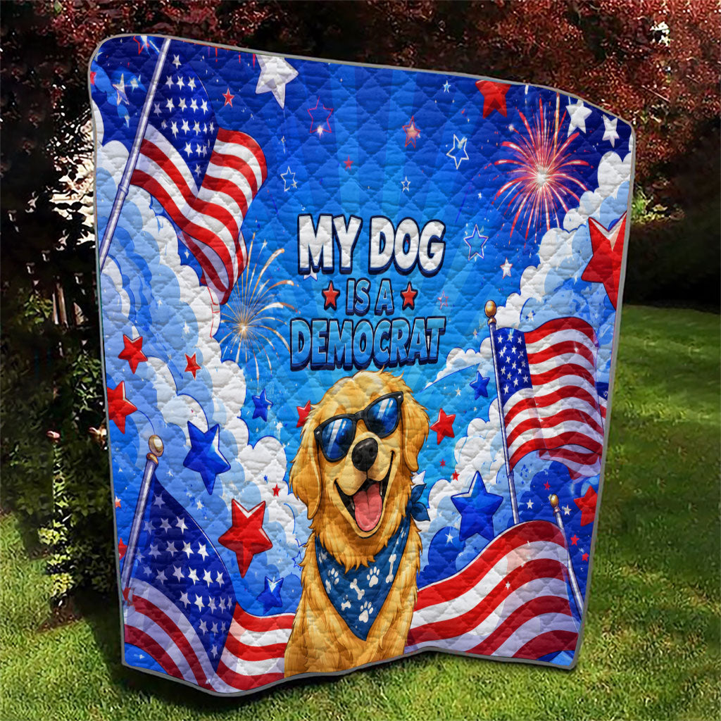 My Dog Is A Democrat Golden Retriever Quilt Patriotic American Fireworks Cute Cartoon Dog