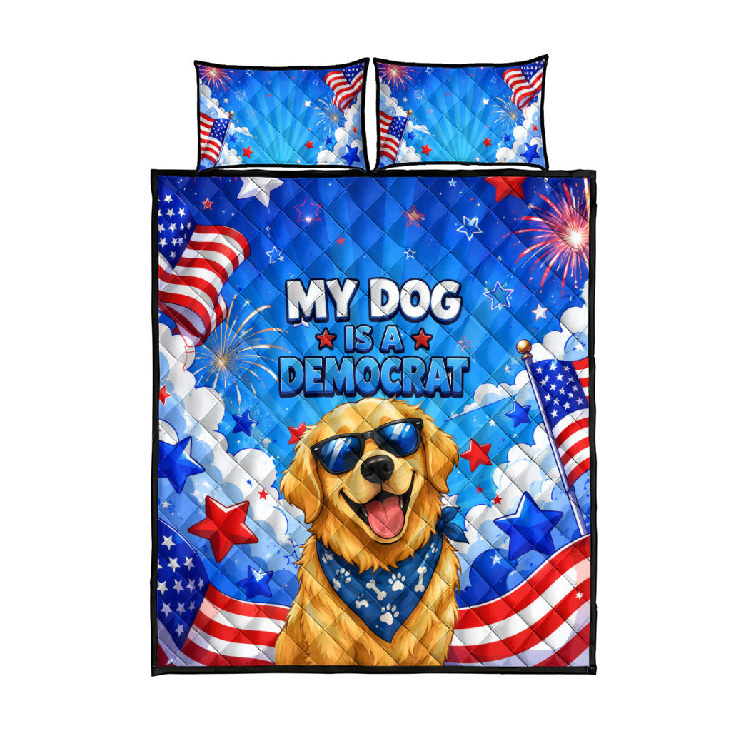 My Dog Is A Democrat Golden Retriever Quilt Bed Set Patriotic American Fireworks Cute Cartoon Dog
