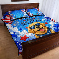 My Dog Is A Democrat Golden Retriever Quilt Bed Set Patriotic American Fireworks Cute Cartoon Dog