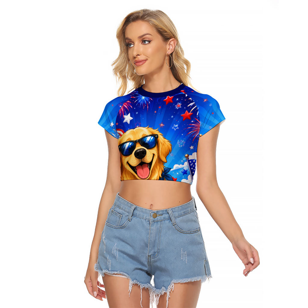 My Dog Is A Democrat Golden Retriever Raglan Cropped T Shirt Patriotic American Fireworks Cute Cartoon Dog