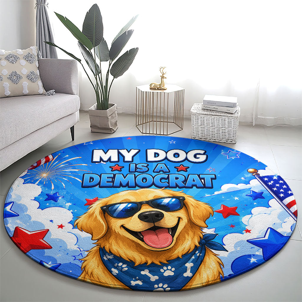 My Dog Is A Democrat Golden Retriever Round Carpet Patriotic American Fireworks Cute Cartoon Dog