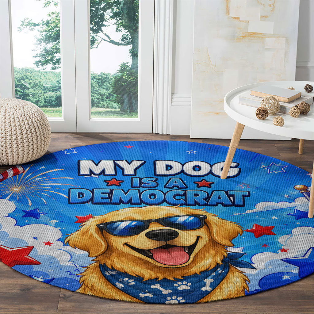 My Dog Is A Democrat Golden Retriever Round Carpet Patriotic American Fireworks Cute Cartoon Dog