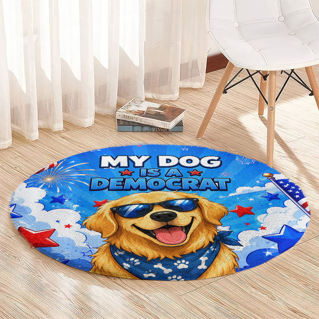 My Dog Is A Democrat Golden Retriever Round Carpet Patriotic American Fireworks Cute Cartoon Dog