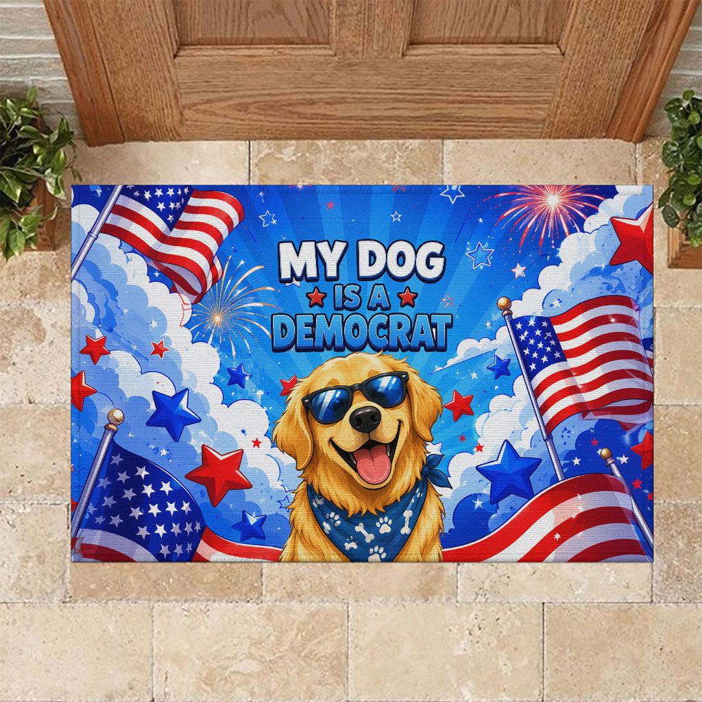 My Dog Is A Democrat Golden Retriever Rubber Doormat Patriotic American Fireworks Cute Cartoon Dog