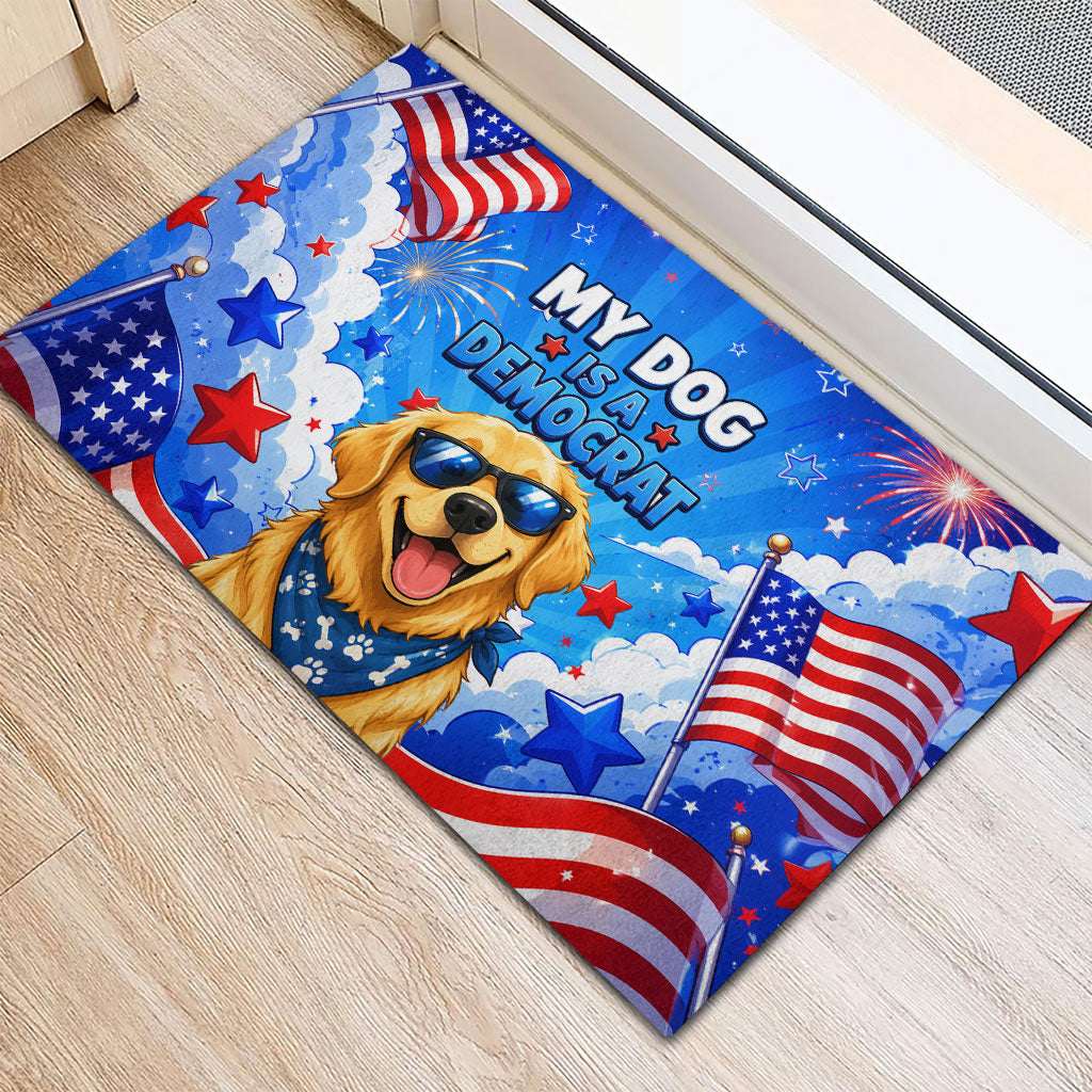 My Dog Is A Democrat Golden Retriever Rubber Doormat Patriotic American Fireworks Cute Cartoon Dog