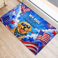 My Dog Is A Democrat Golden Retriever Rubber Doormat Patriotic American Fireworks Cute Cartoon Dog