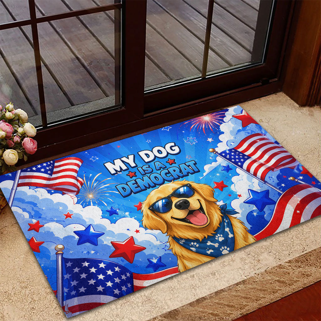 My Dog Is A Democrat Golden Retriever Rubber Doormat Patriotic American Fireworks Cute Cartoon Dog
