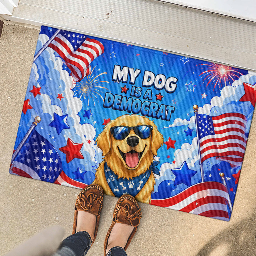 My Dog Is A Democrat Golden Retriever Rubber Doormat Patriotic American Fireworks Cute Cartoon Dog