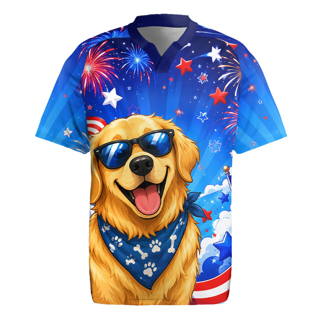 My Dog Is A Democrat Golden Retriever Rugby Jersey Patriotic American Fireworks Cute Cartoon Dog