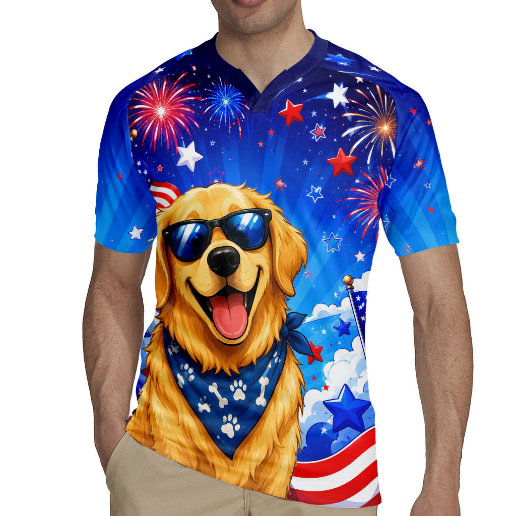 My Dog Is A Democrat Golden Retriever Rugby Jersey Patriotic American Fireworks Cute Cartoon Dog