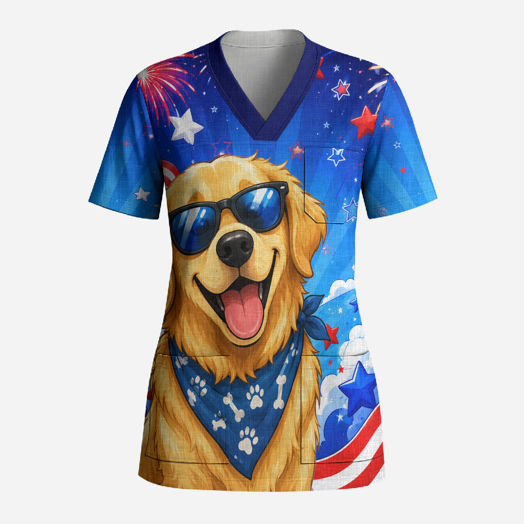 My Dog Is A Democrat Golden Retriever Scrub Top Patriotic American Fireworks Cute Cartoon Dog