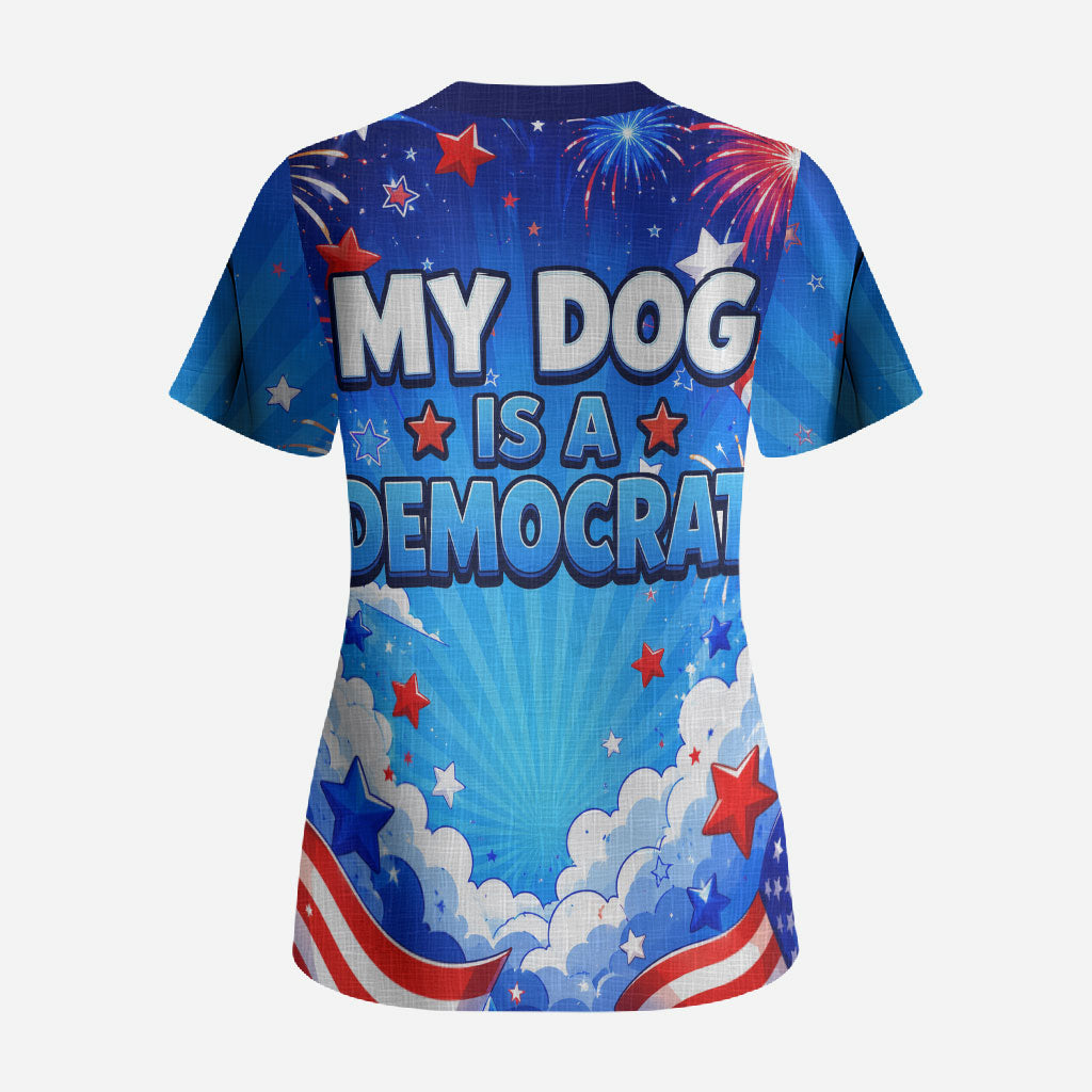 My Dog Is A Democrat Golden Retriever Scrub Top Patriotic American Fireworks Cute Cartoon Dog