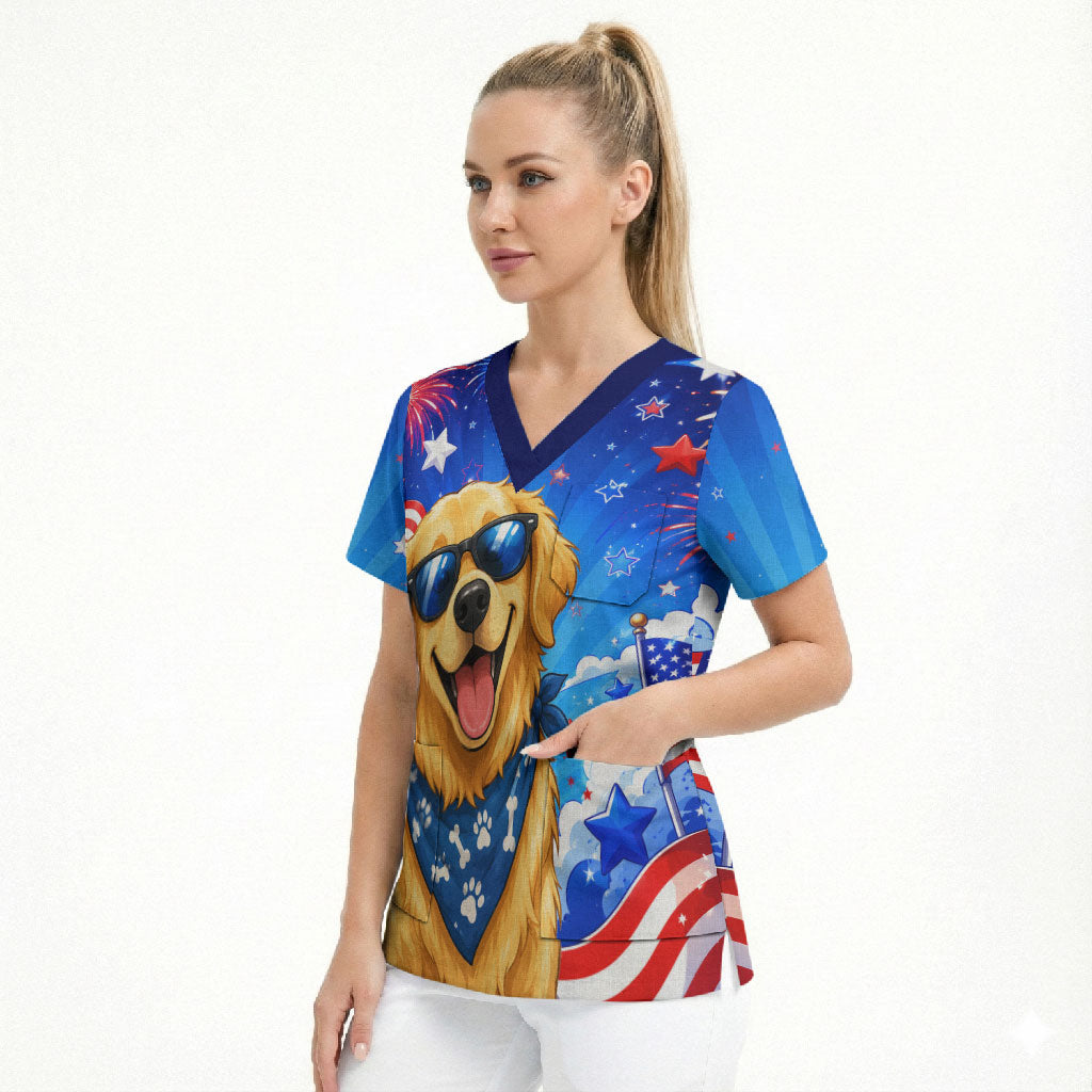My Dog Is A Democrat Golden Retriever Scrub Top Patriotic American Fireworks Cute Cartoon Dog